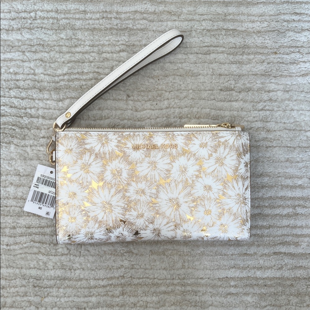Michael Kors Gold and White Floral Wristlet